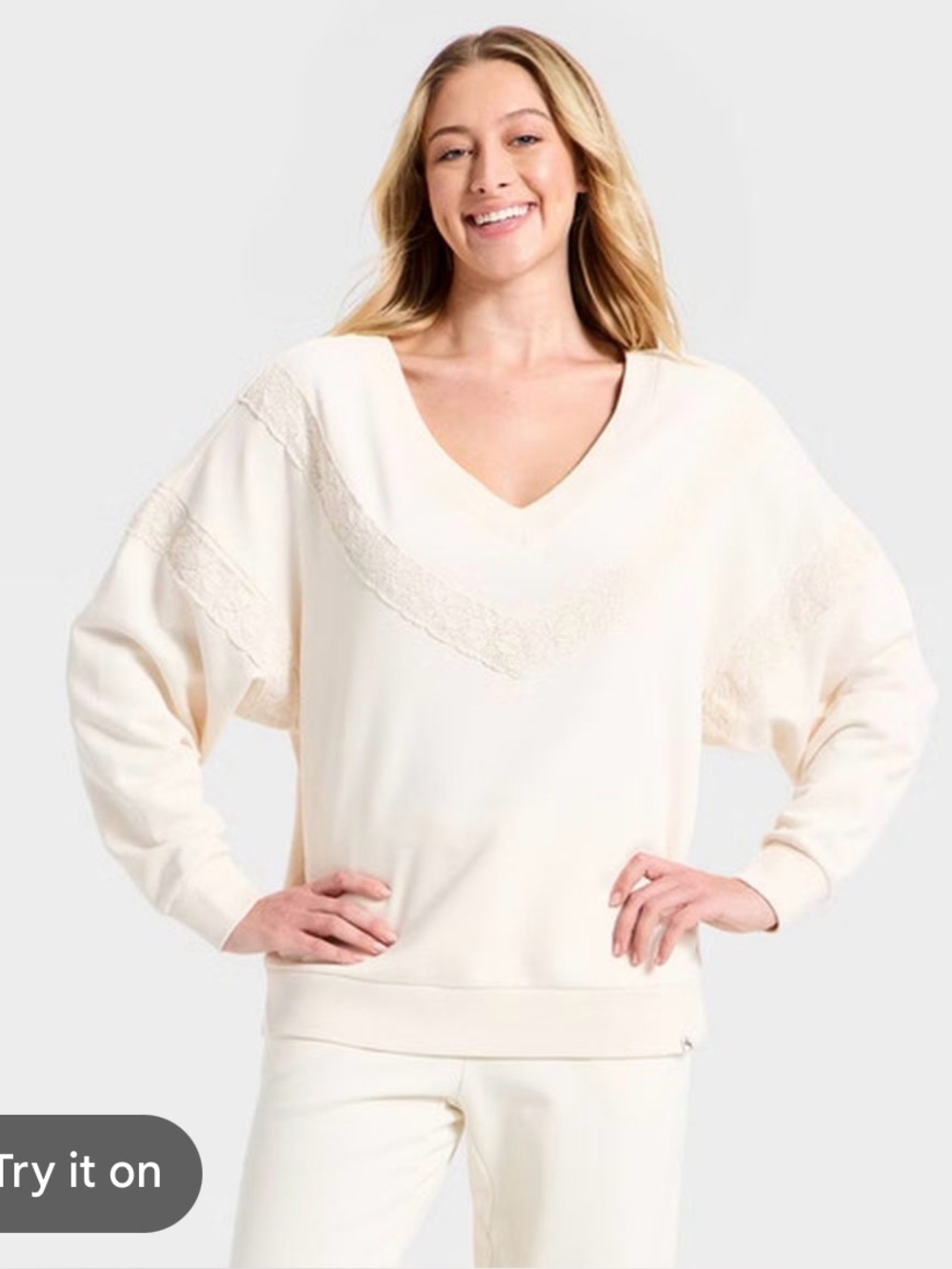 Joylab Women's Cream V-Neck Lace-Trim Pullover Sweatshirt